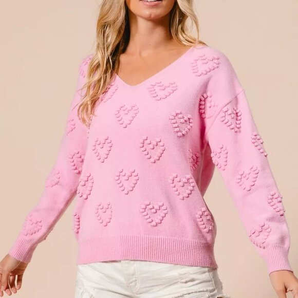 BiBi Valentines Heart Pompom V Neck Knit Top - Picture 1 of 15